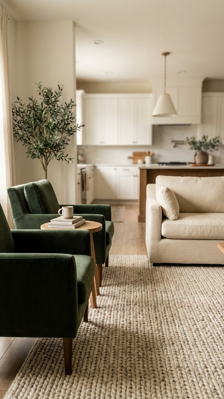 Cozy conversation nook with facing sofas inside textured rug in open concept living room. Warm creams, deep greens, wood tones.