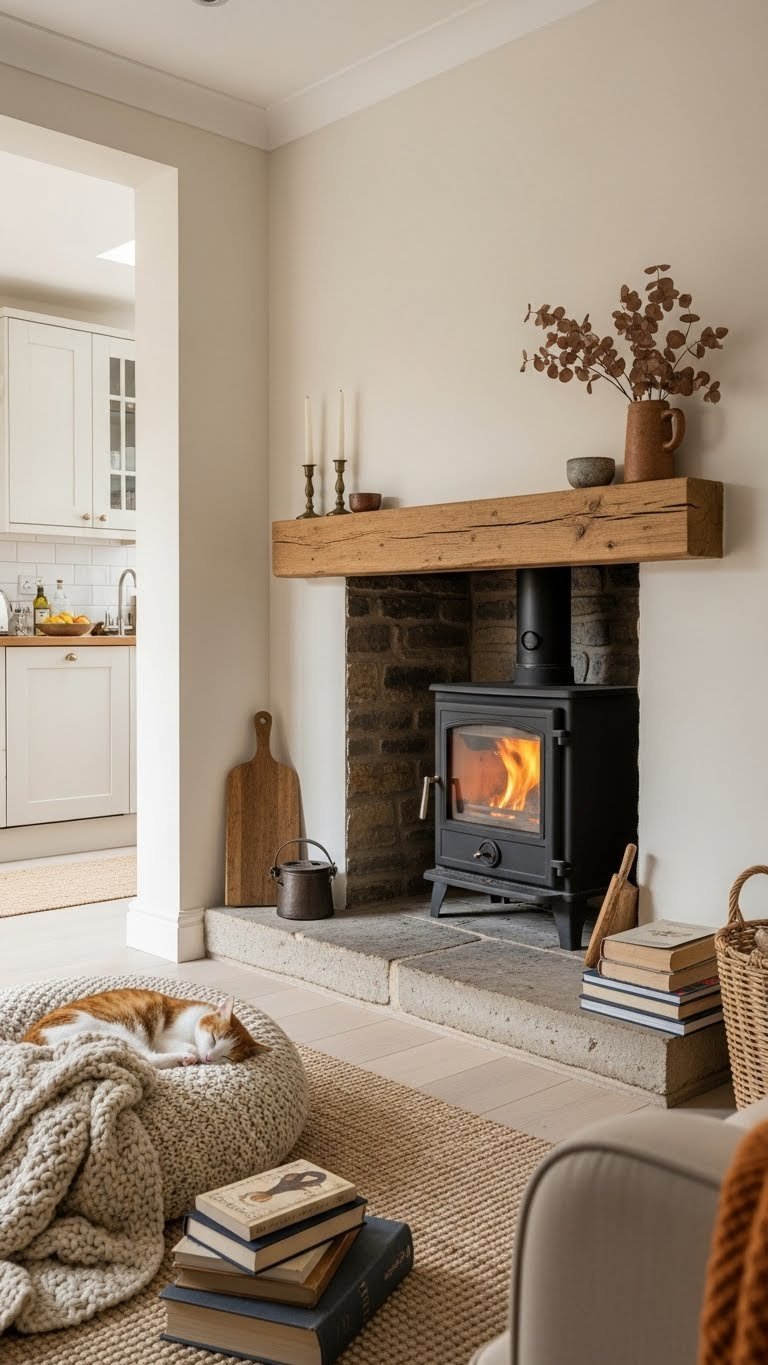 Cozy corner wood-burning stove with stone hearth, natural wood mantel, layered throws, and pet in small open living room.