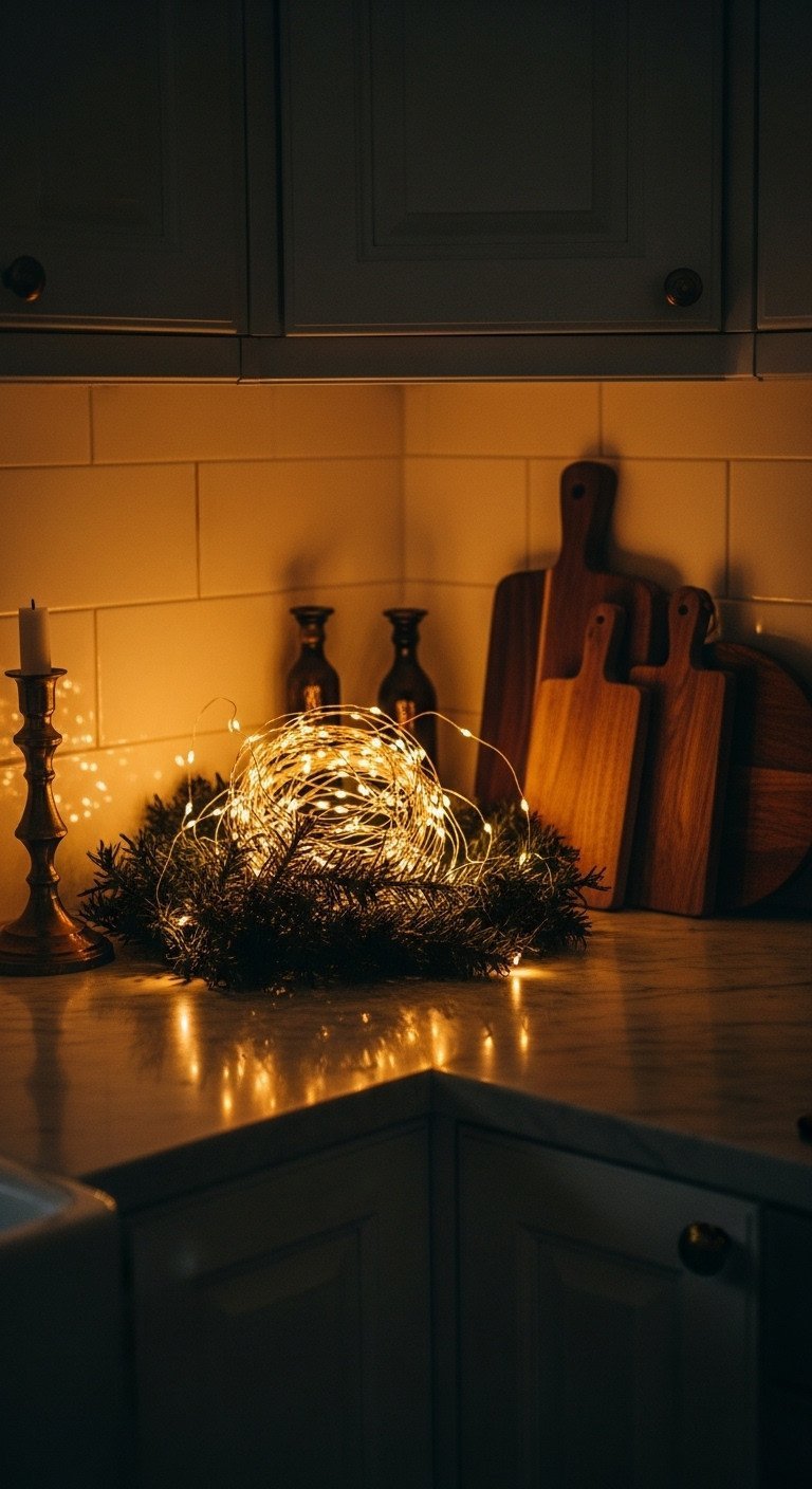 Cozy dark kitchen corner: warm golden fairy lights in deep green garland, marble counter, brass candlesticks, wood boards.