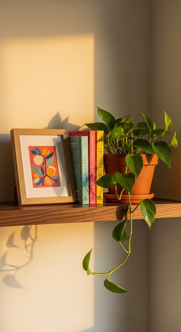 Cozy decorative vignette on a dark walnut shelf with framed art, cookbooks, and a pothos plant in a terracotta pot.