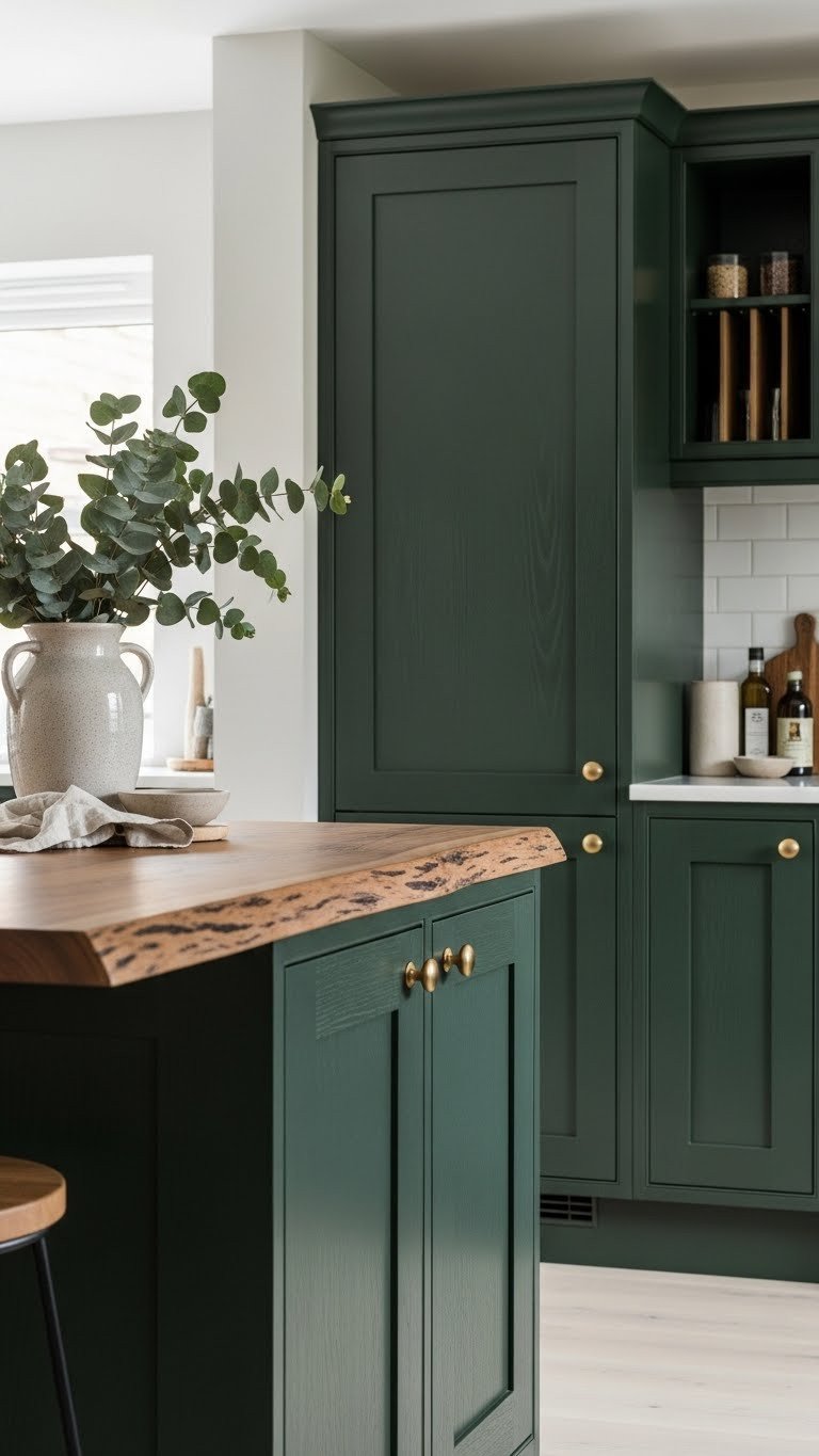 Cozy deep forest green kitchen features matte cabinets, a textured live-edge natural wood countertop. Bright, sophisticated design.