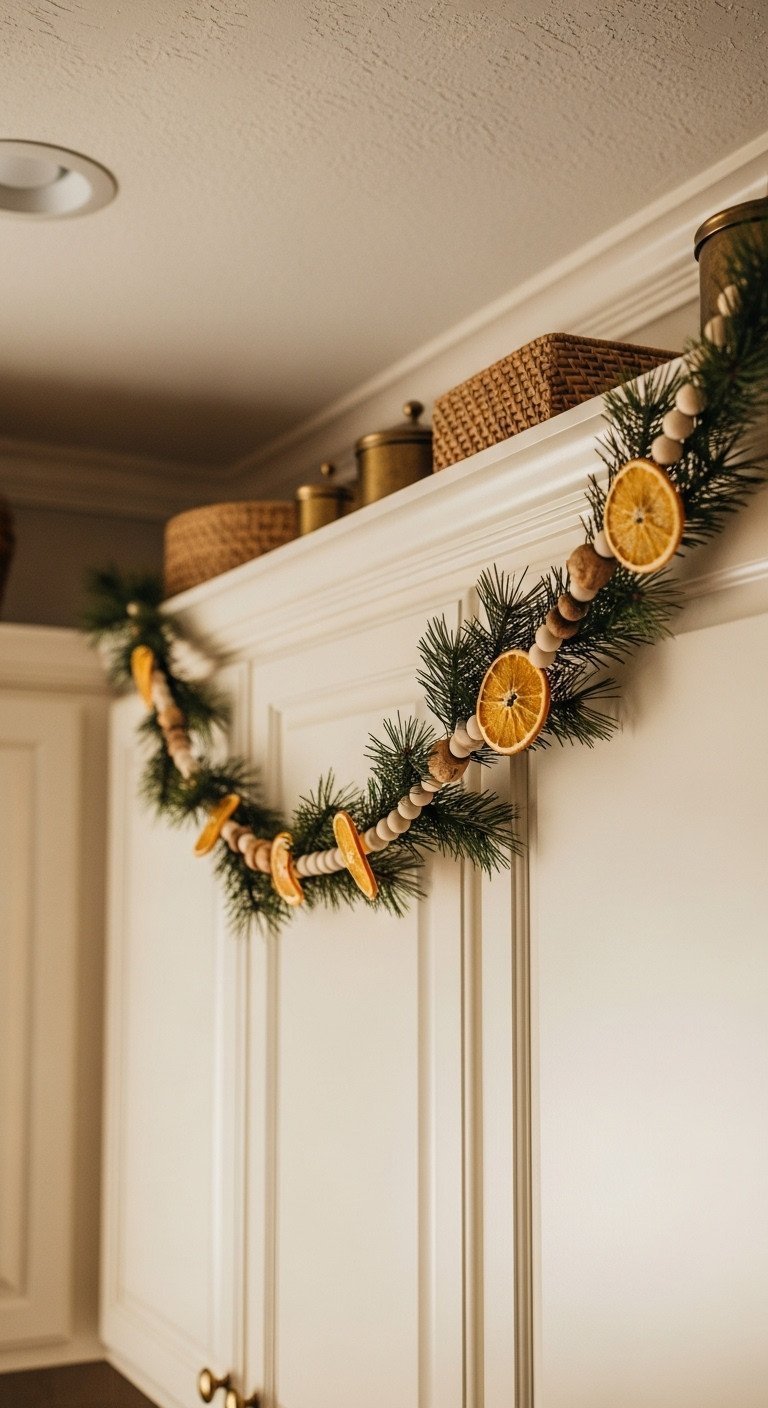 Cozy dried orange slice, wood bead, and pine sprig garland on earth-toned kitchen cabinets with brass canisters.