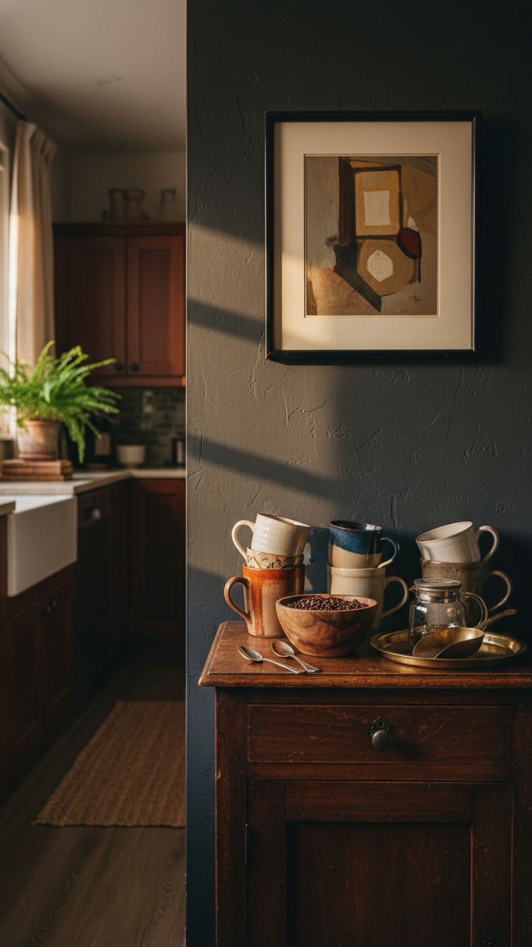Cozy eclectic kitchen coffee station: dark antique cabinet, vintage ceramic mugs, global decor accents, brass tray, potted fern.