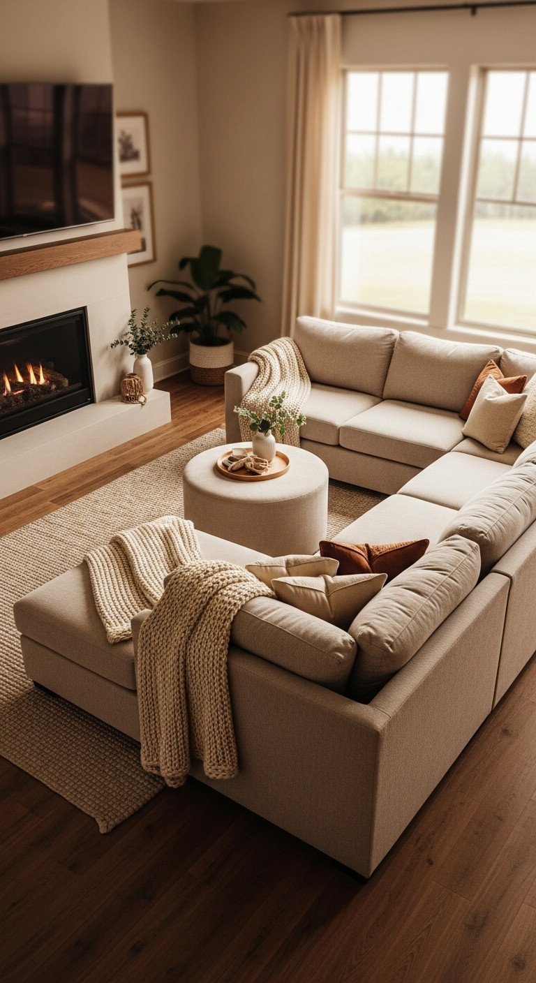 7 Smart Living Room Layouts To Solve Fireplace Tv Conflict 5 Cozy family living room with large V-shaped sectional sofa around gas fireplace, warm textures, and inviting decor.