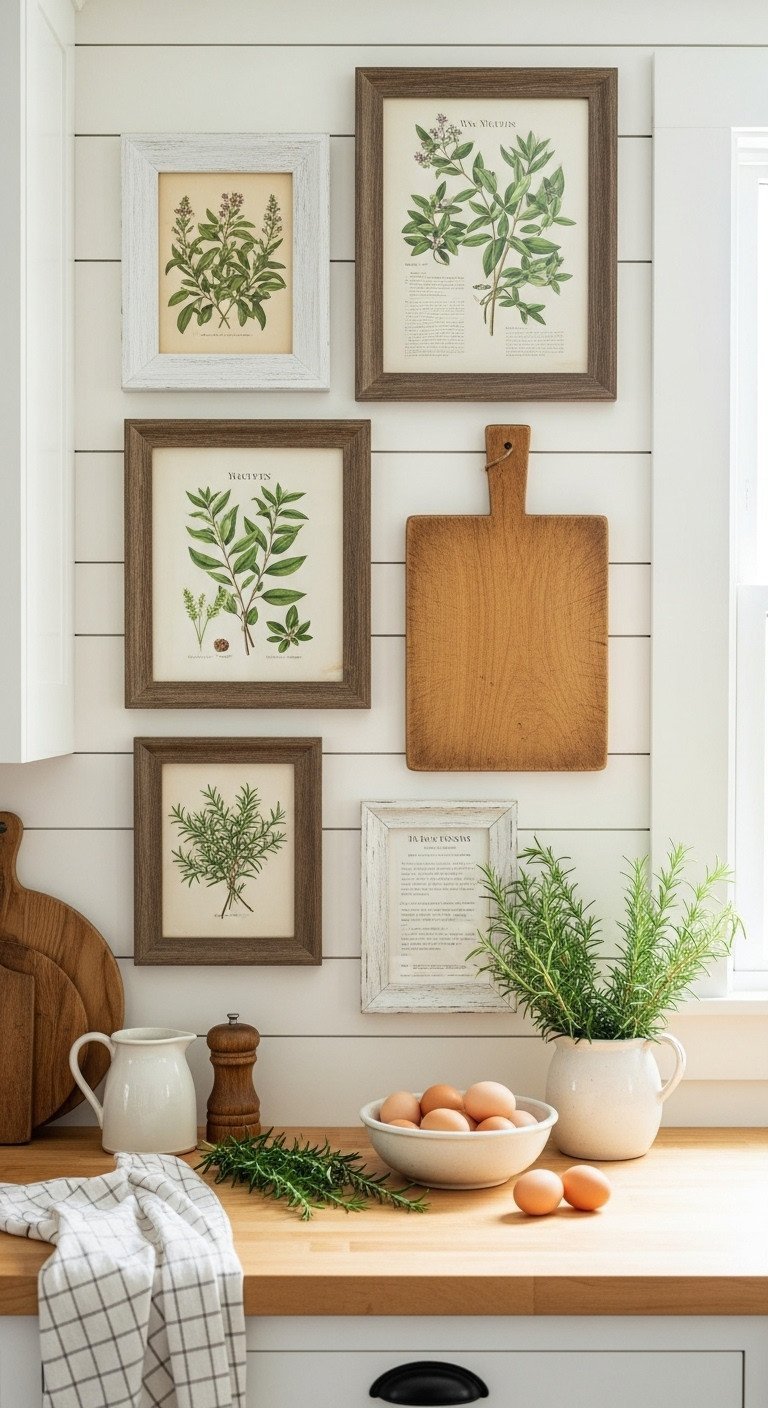 Cozy farmhouse kitchen gallery wall with rustic frames, botanical prints, and fresh eggs on a butcher block countertop.