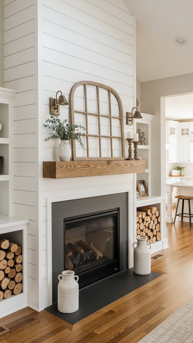 Cozy farmhouse living room features white shiplap fireplace, rustic wood mantel, built-in shelves, golden light.