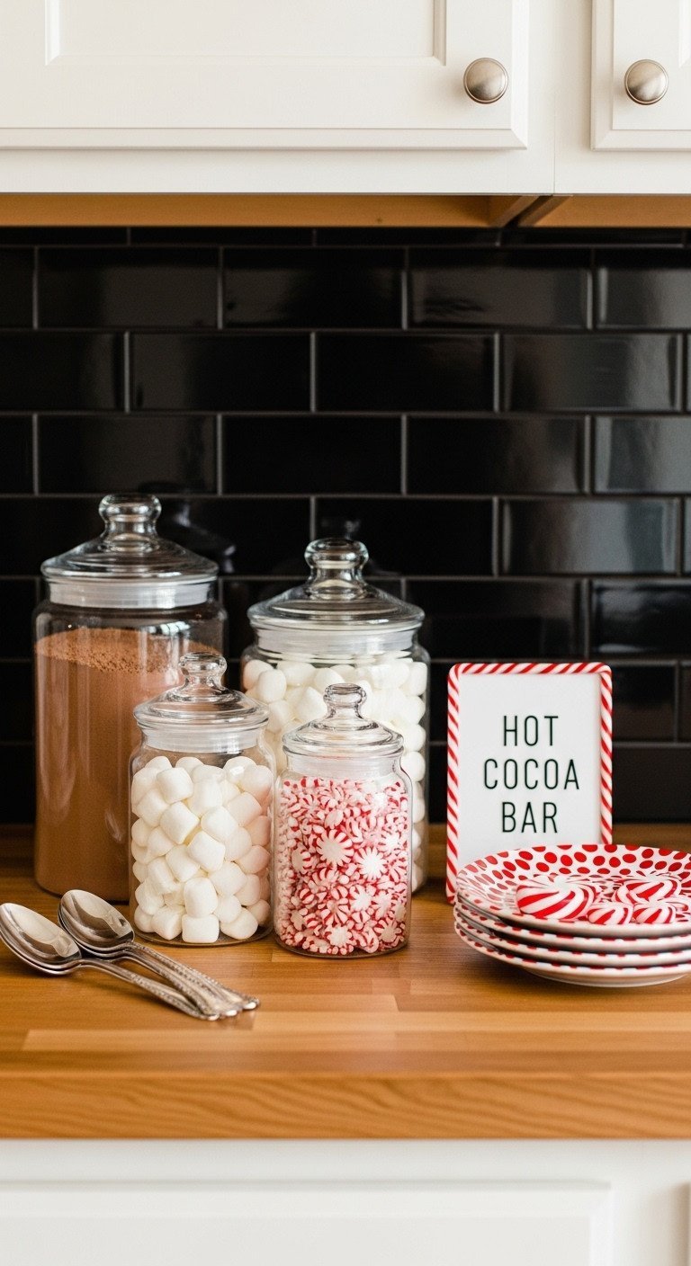 Cozy hot cocoa bar with glass canisters of mix, marshmallows, and peppermint on butcher block counter, warm golden light.