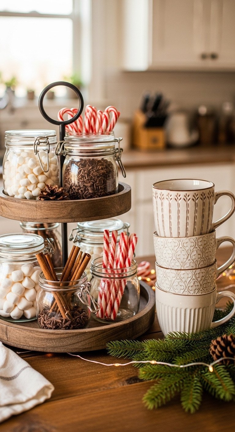 7 Genius Christmas Kitchen Restock Ideas For Cozy Hosts 3 Cozy hot cocoa bar with tiered wooden tray, colorful marshmallows, chocolate, and festive mugs. Warm holiday treat station.