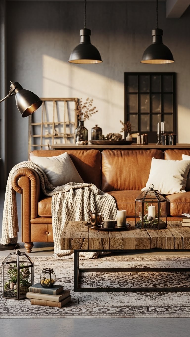 Cozy industrial living room: distressed leather sofa, rustic wood coffee table, soft textiles. Raw concrete walls, modern design.
