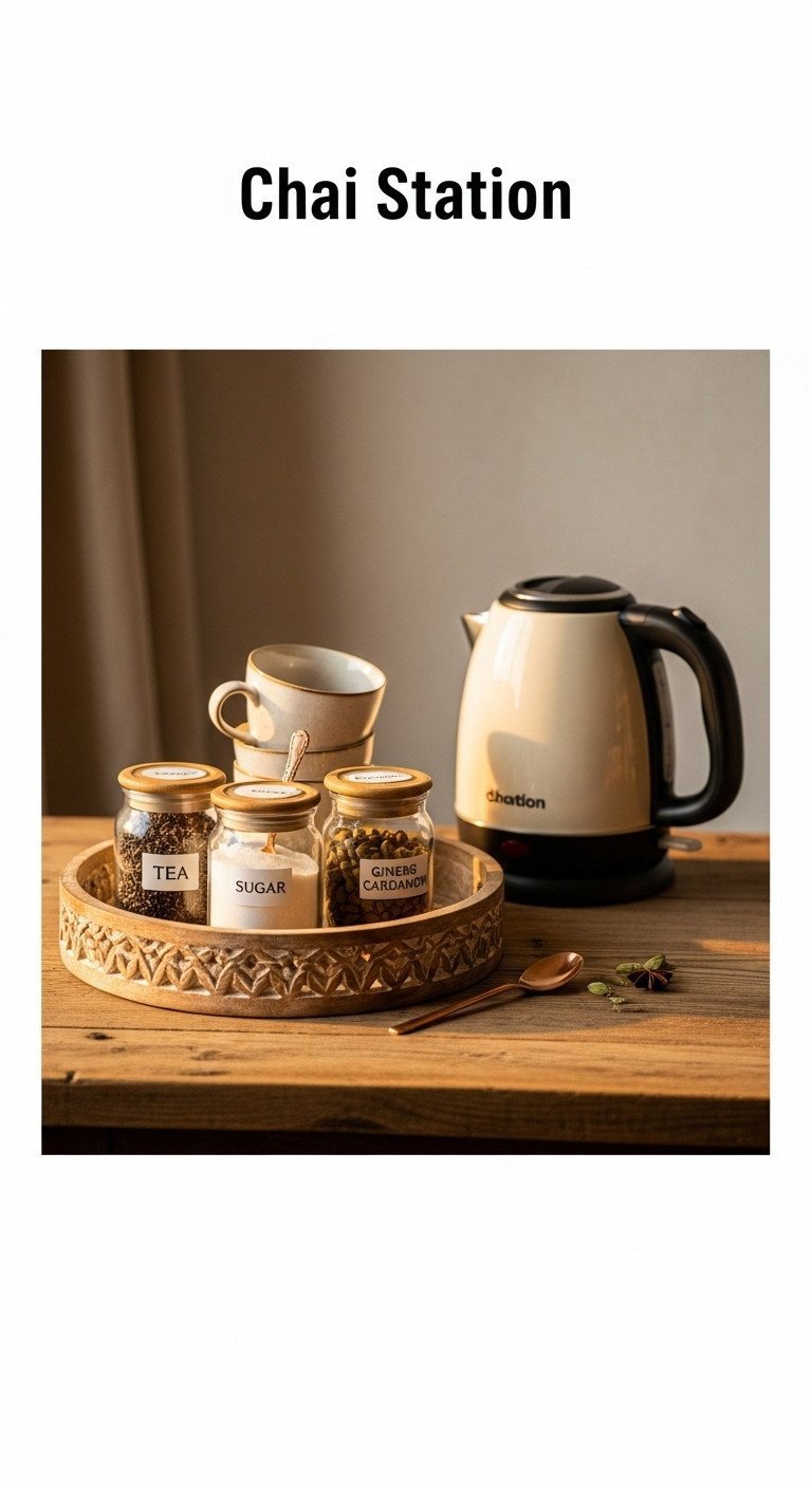Cozy kitchen Chai Station with an electric kettle, ceramic teacups, and spice jars neatly arranged on a carved wooden tray.