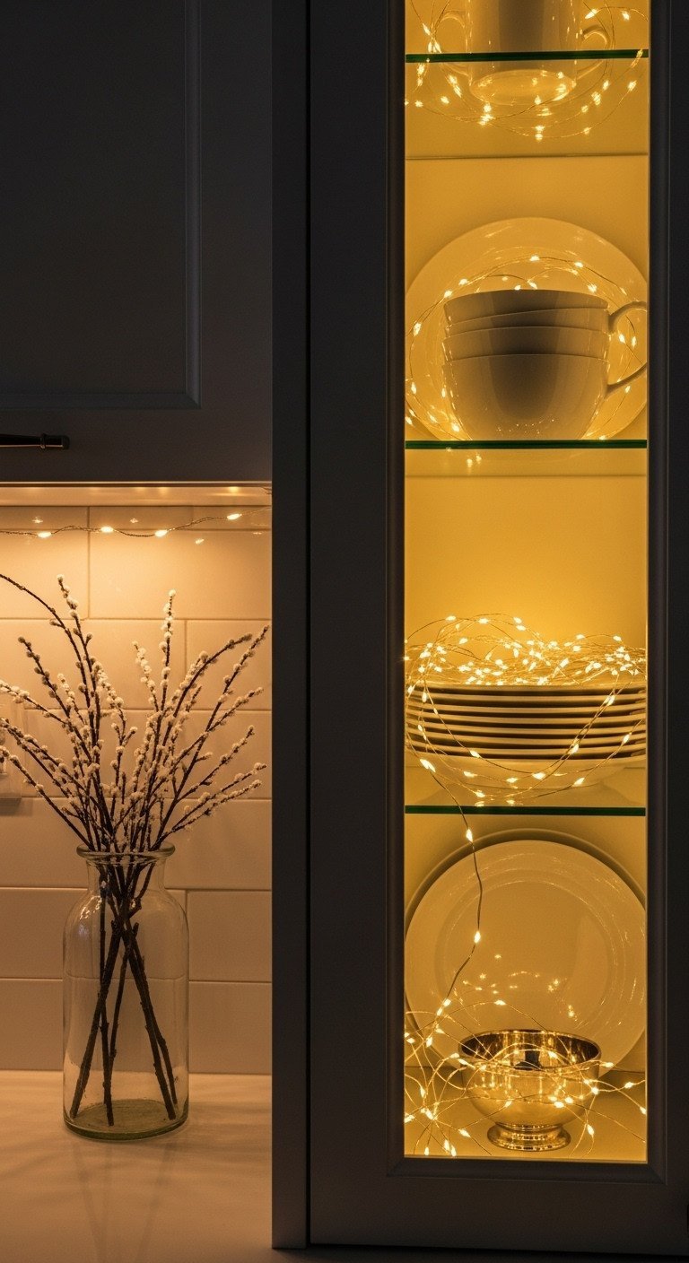 Cozy kitchen at dusk with warm white fairy lights in glass cabinets and along the backsplash, creating an inviting glow.