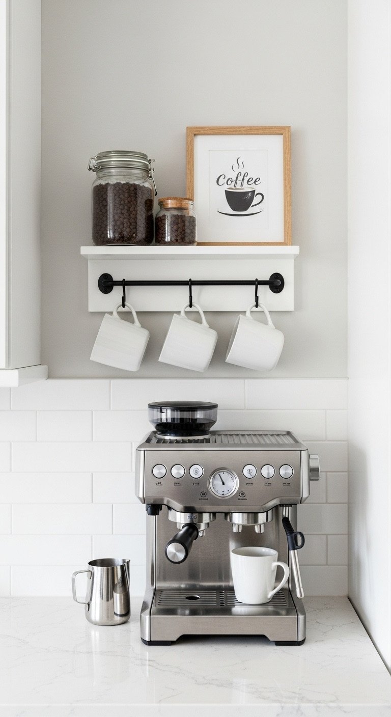 11 Smart Empty Kitchen Wall Ideas For Style And Storage 7 Cozy kitchen coffee bar with a floating shelf, white mugs, an espresso machine, and coffee beans on a quartz counter.