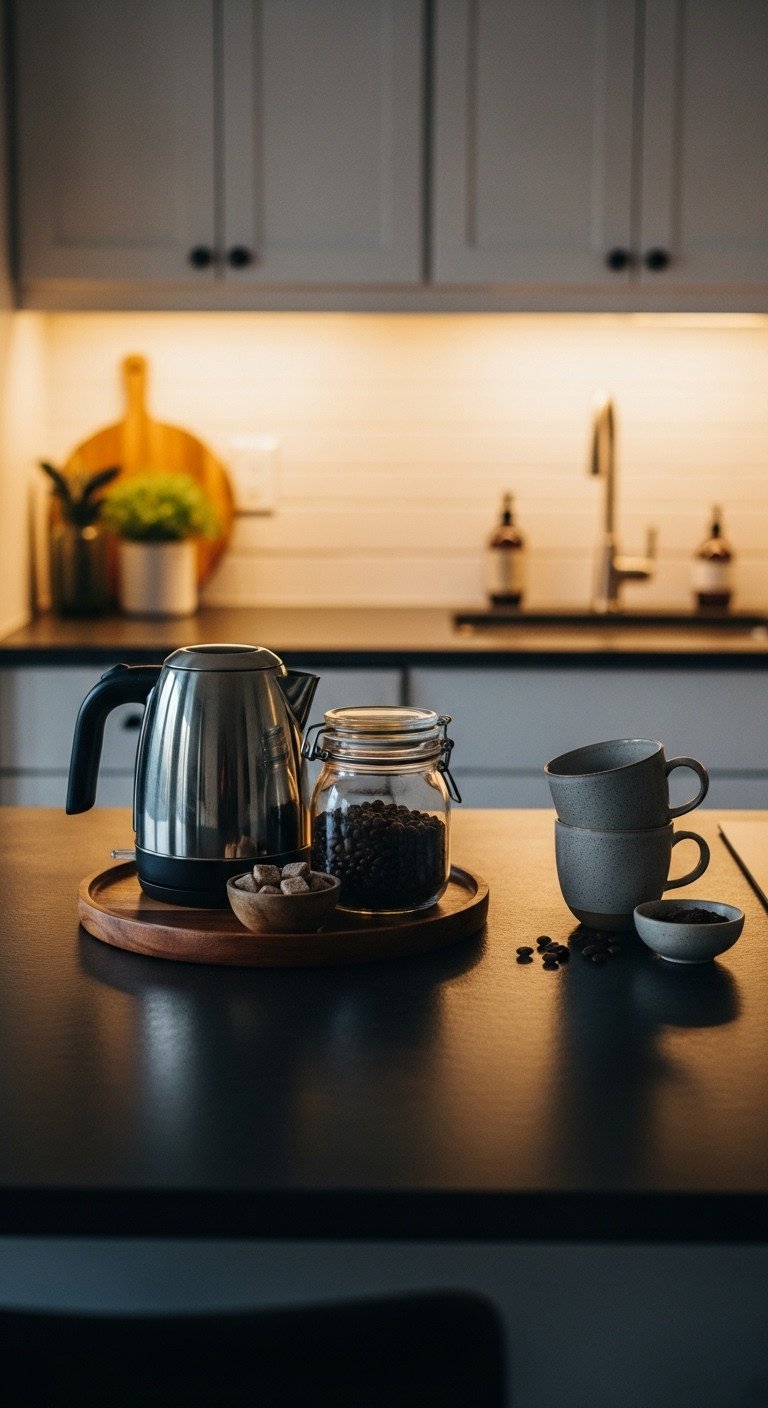 Cozy kitchen coffee station on a wooden tray with an electric kettle, coffee beans, and mugs on a dark soapstone island.