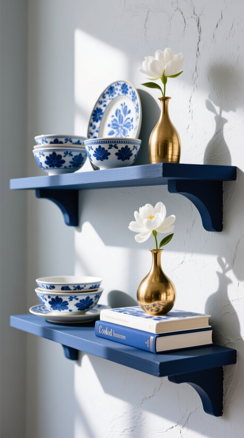 Cozy kitchen cookbook library on wooden shelves, with colorful books stacked vertically and horizontally among decor items.