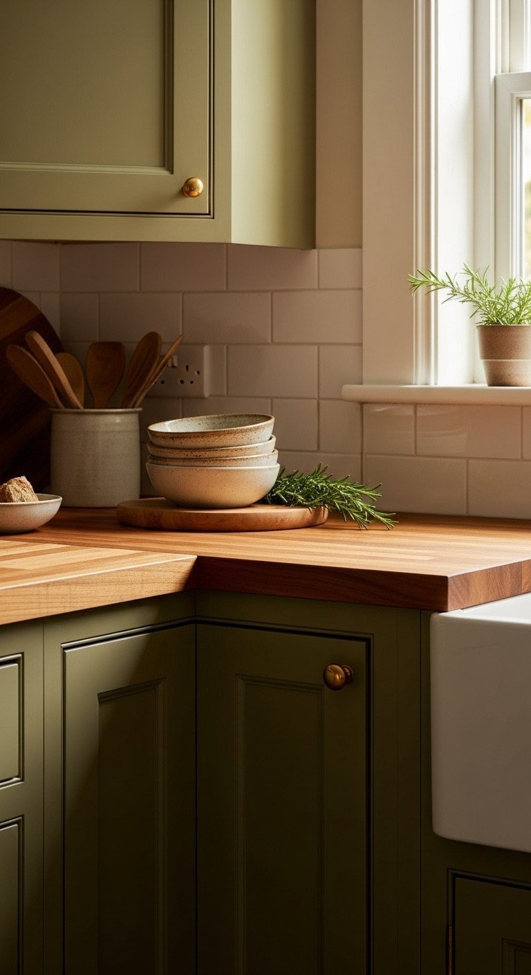 Gorgeous Green And Brown Kitchen Ideas That Wont Look Dark 5 Cozy kitchen corner featuring olive green shaker cabinets, a thick butcher block countertop, and a vintage brass faucet.