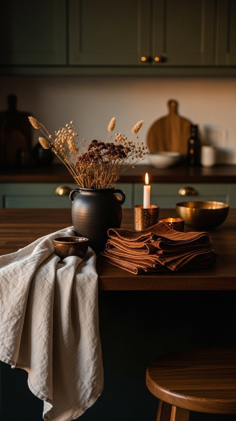 Cozy kitchen counter vignette with linen, dark ceramic vase with dried florals, velvet napkins, and brass bowl.