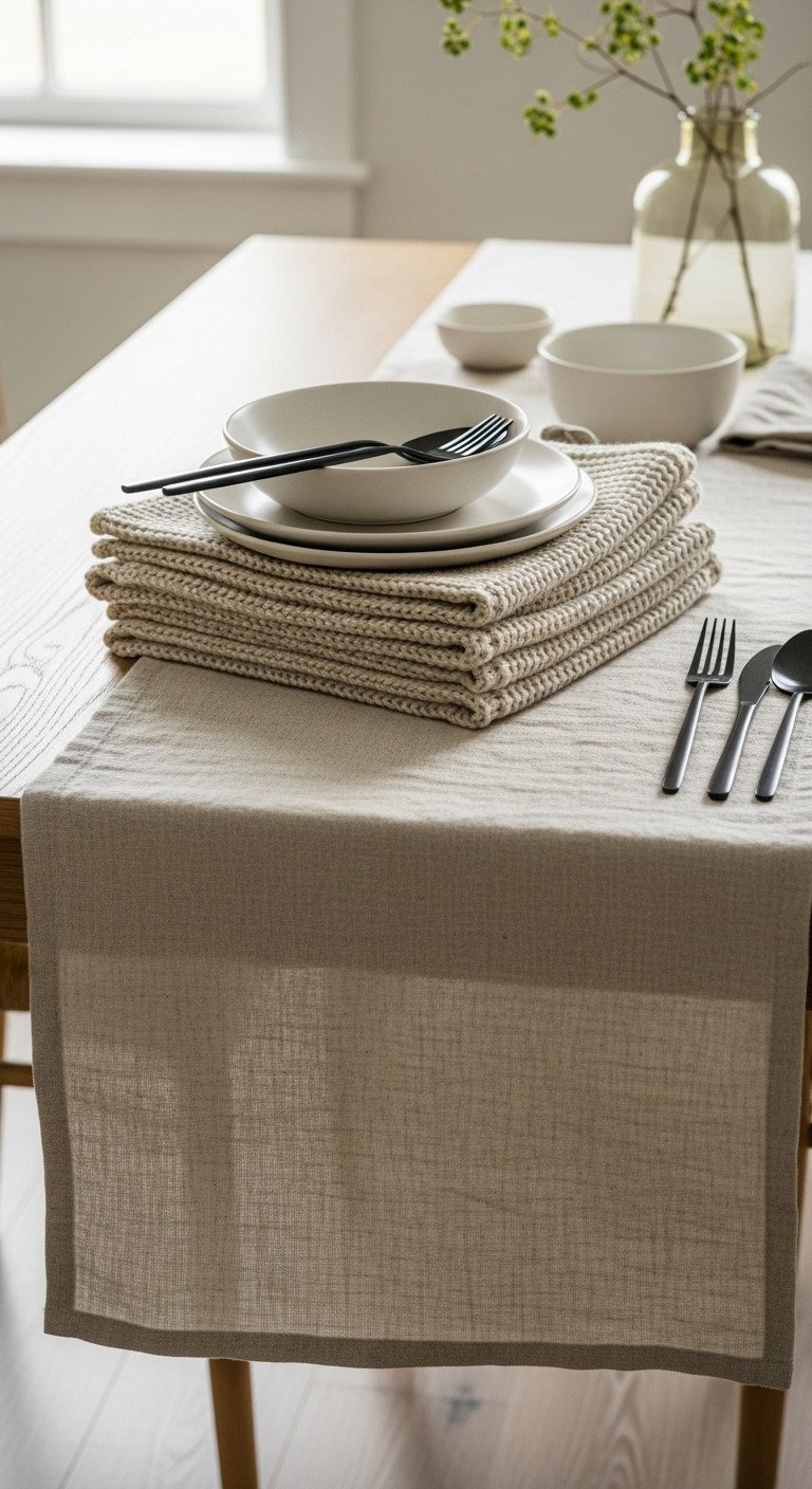 Cozy kitchen dining nook with oatmeal linen table runner, wool knit placemats, and white stoneware on a light wood table.