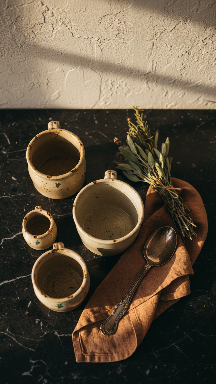 Cozy kitchen flat lay with vintage ceramic crocks, tarnished silver spoon rest, and dried herbs on a dark marble countertop.