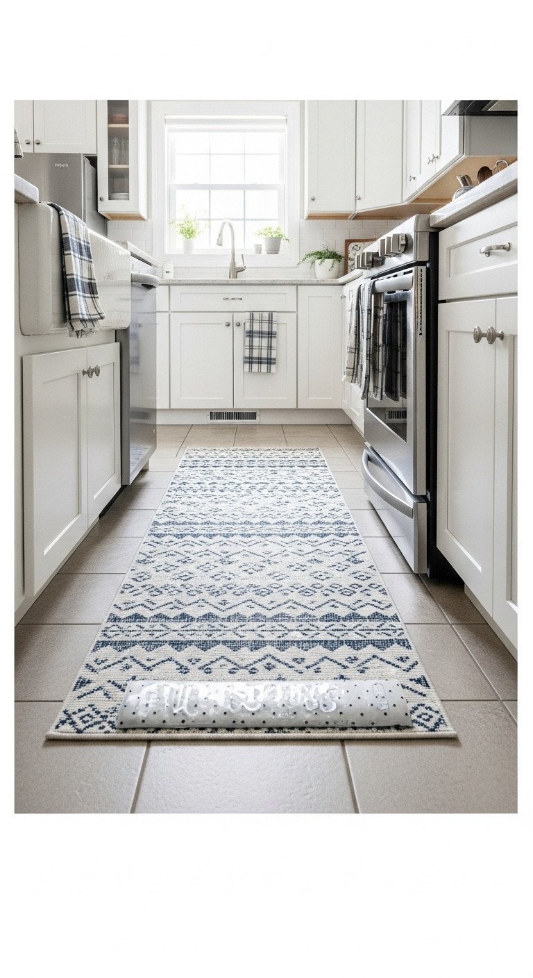 Cozy kitchen floor runner rug with geometric holiday pattern, washable and slip-resistant, in front of sink cabinetry.