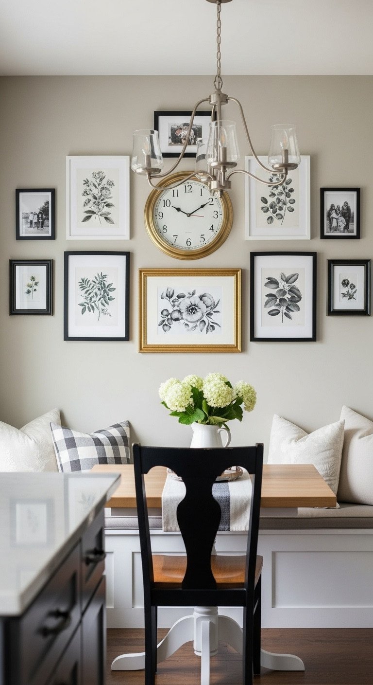 Cozy kitchen gallery wall with a gold-framed clock centered among botanical art prints on a neutral greige dining nook wall.