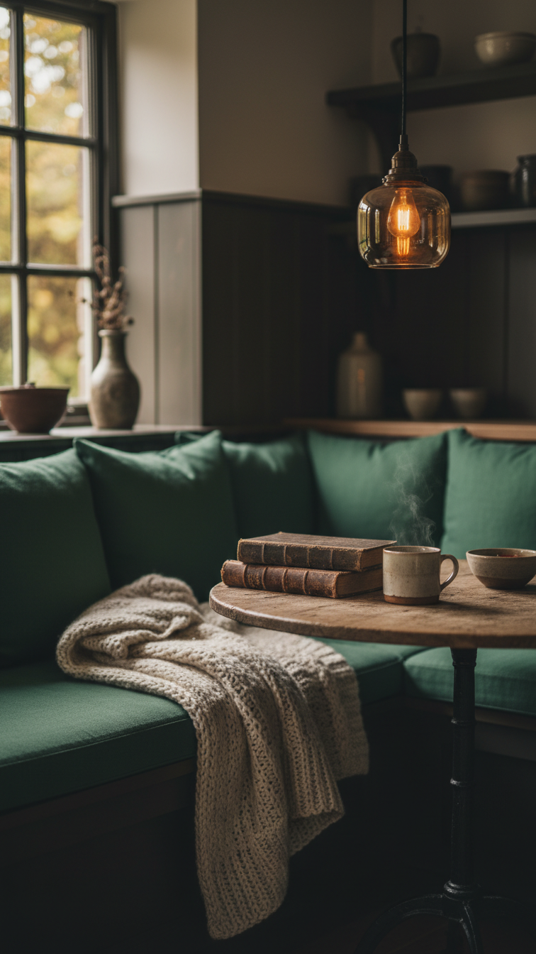 Cozy kitchen nook with built-in bench, deep linen cushions, rustic wood table, and warm pendant light in a cottage kitchen.