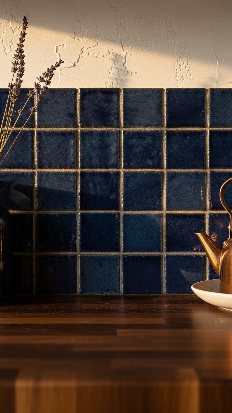 Cozy kitchen with deep navy Zellige tile backsplash, textured surface, copper kettle, and lavender on a wood countertop in golden hour light.