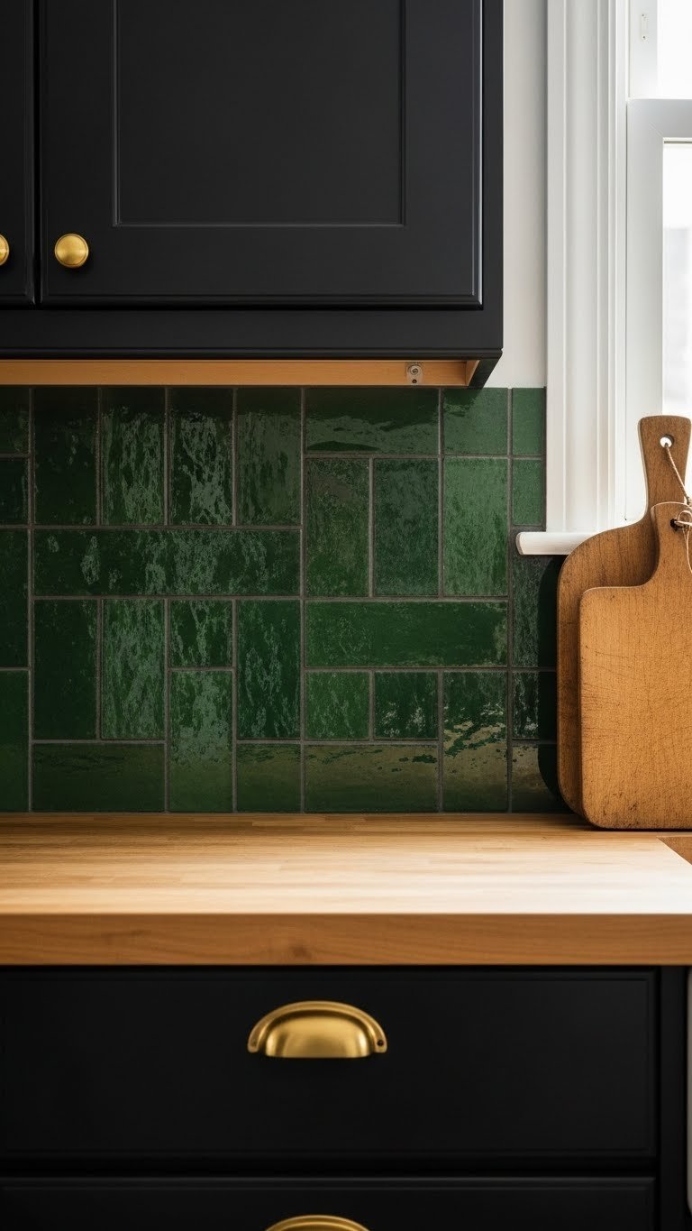 Cozy kitchen with forest green ceramic tile backsplash, vertical stack, gold brass pulls, and vintage cutting board on a butcher block.