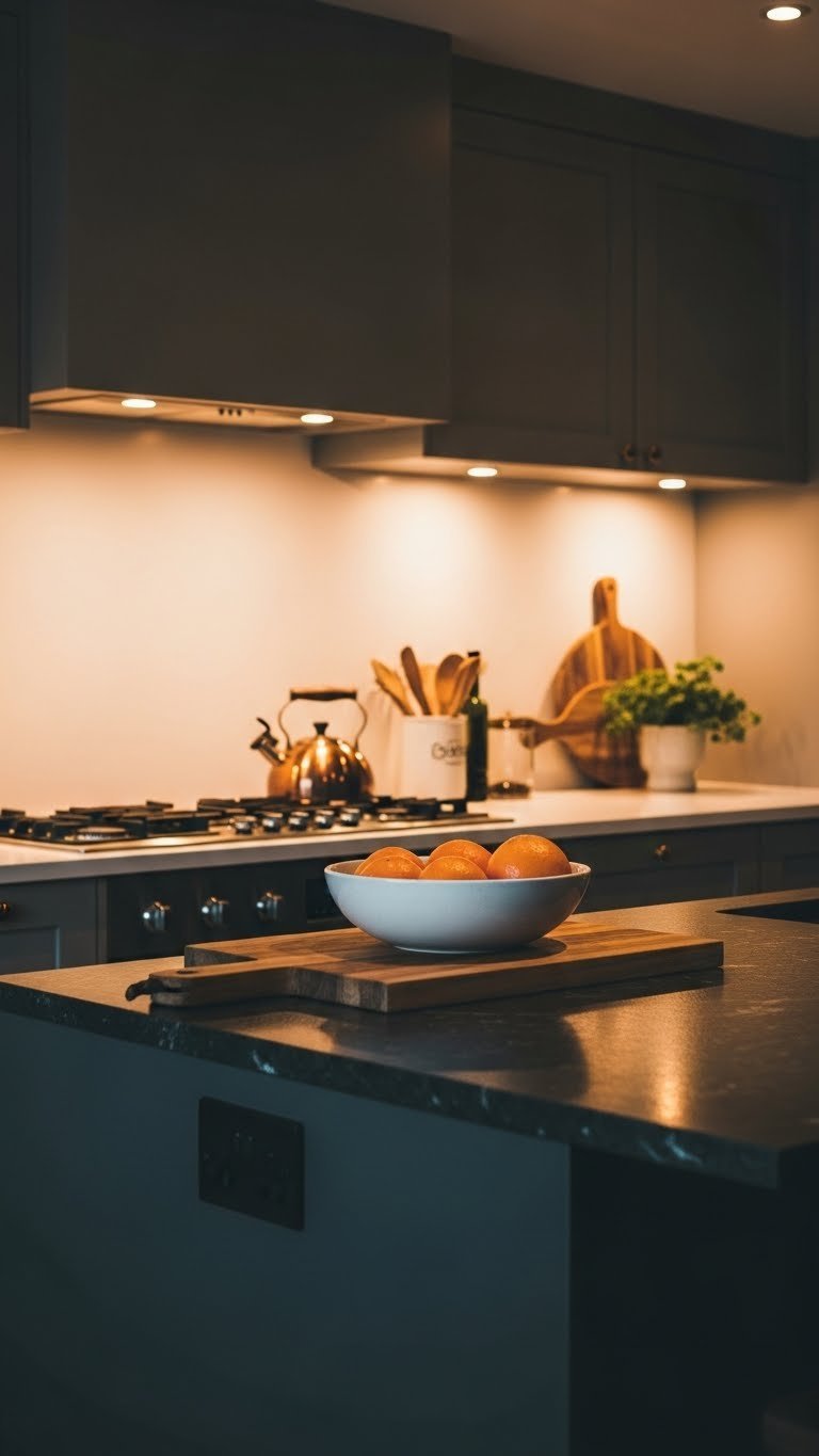 Cozy kitchen with warm golden under-cabinet and recessed lights on dark gray island, matte black cabinets, copper kettle.