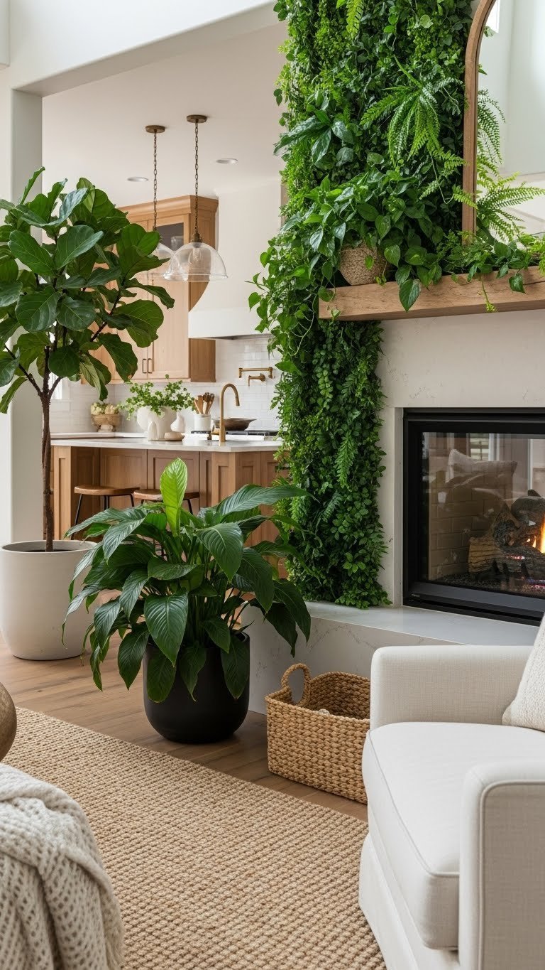 Cozy living room with fireplace, vertical living wall, large indoor plants, natural wood accents, and textured linen seating.