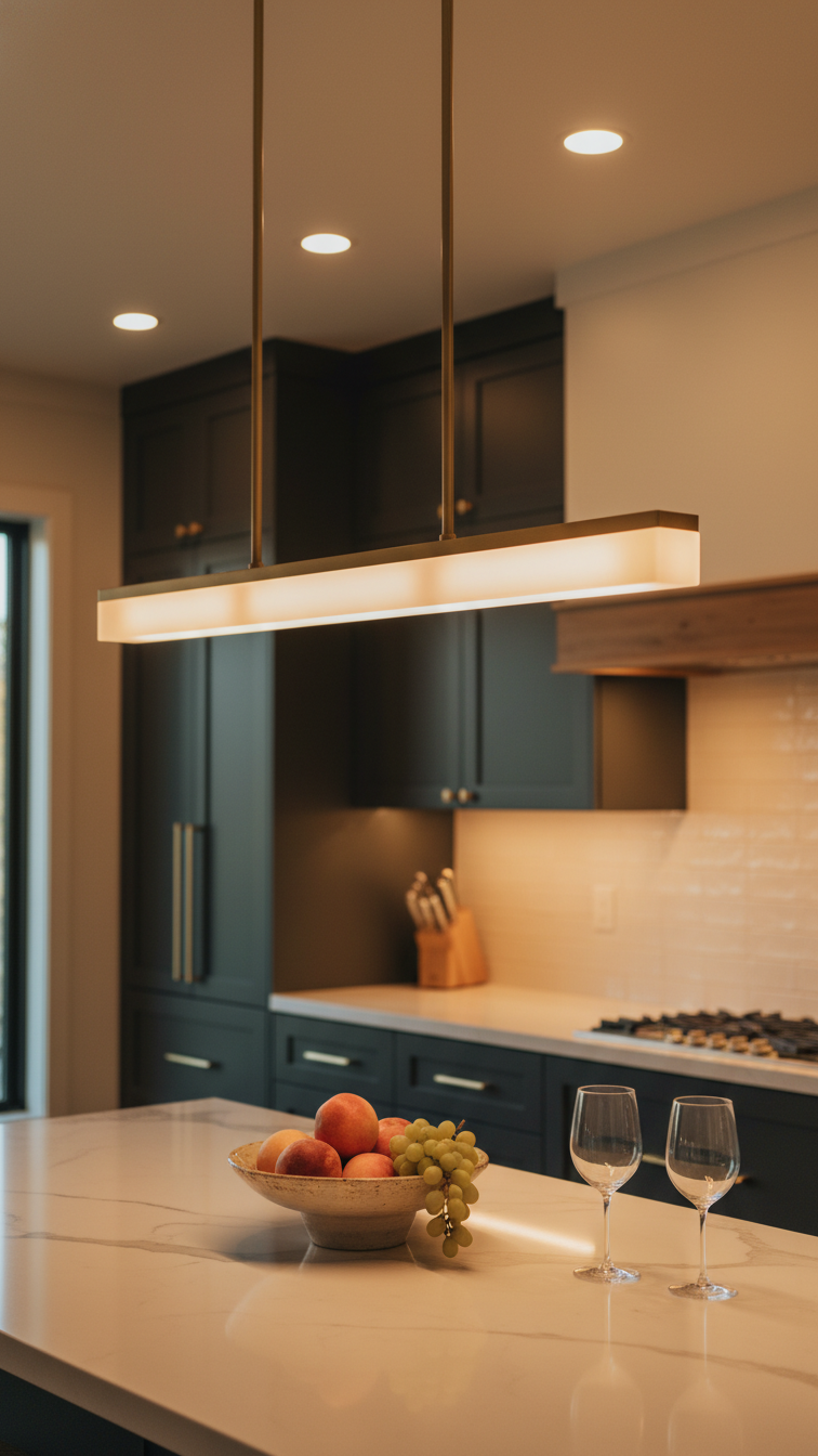 Cozy modern kitchen with warm linear pendant light over island, integrated LED strip lighting under cabinets, and recessed lighting accents.