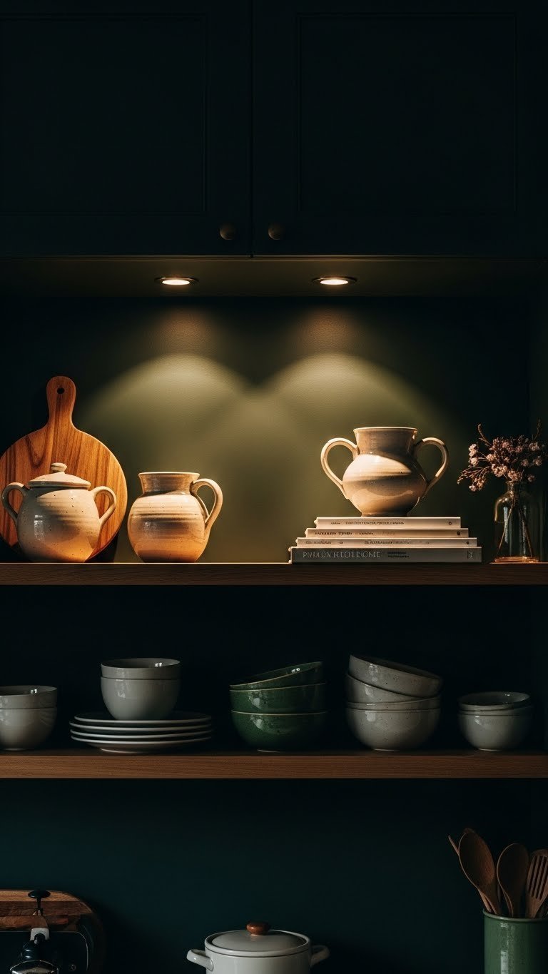 Cozy moody kitchen: accent lighting spotlights open shelving, pottery, cookbooks on dark wall.