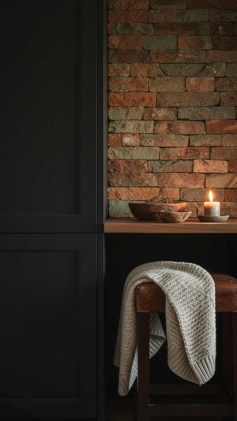 Cozy moody kitchen with shaker black cabinets, rough-cut stone backsplash, ambient lighting, knitted blanket, rustic decor.