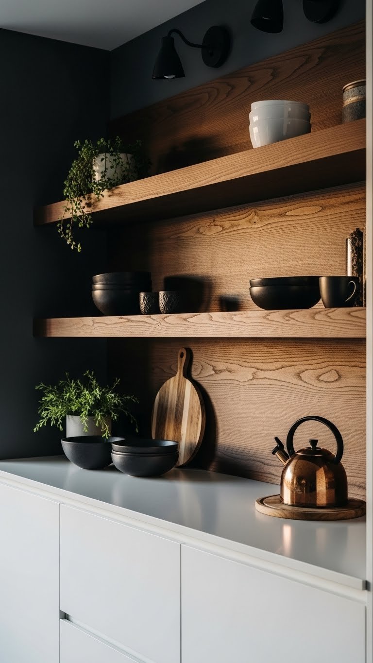 Cozy moody white kitchen: crisp lower cabinets, dark walnut open shelving, ceramic bowls, small plants, copper kettle, golden hour light.