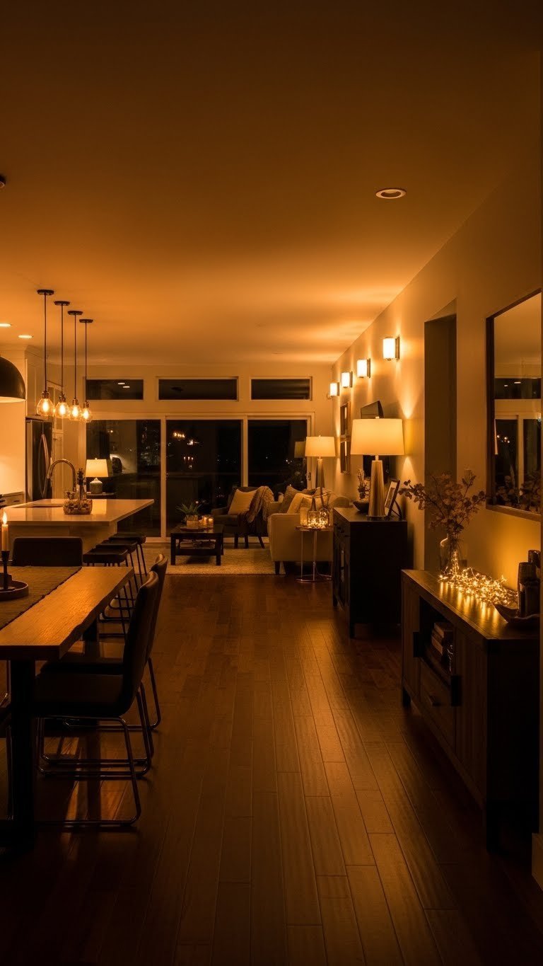 Cozy night-time open concept living room and kitchen, highlighting three layers of warm layered lighting: task, ambient, and decorative.