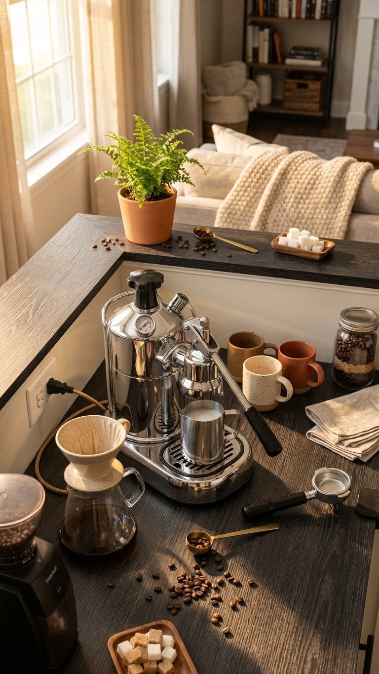 Cozy open concept half wall coffee bar with espresso machine, ceramic mugs, accessories. Functional design, warm golden light, wood surface.