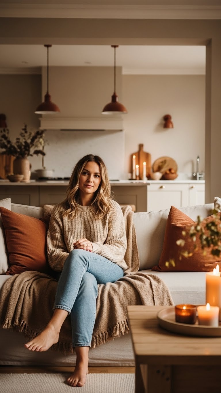 Cozy open concept kitchen living room in warm taupe paint, inviting golden hour light, plush linen sofa, and textured blankets.