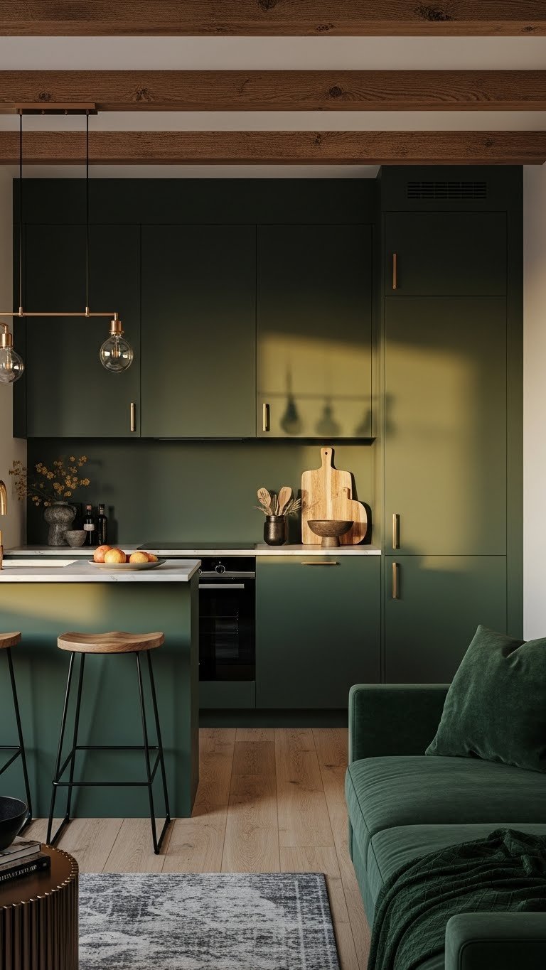 Open Kitchen Living Room Paint: 11 Ideas For Cohesion 17 Cozy open concept kitchen & living room with deep green color drenching. Unified jewel box feel, wood beams, layered lighting, velvet.