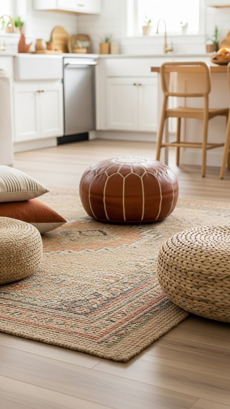 Cozy open concept living room & kitchen, defined by a large jute wool area rug & natural woven poufs. Earthy terracotta, sage green decor.