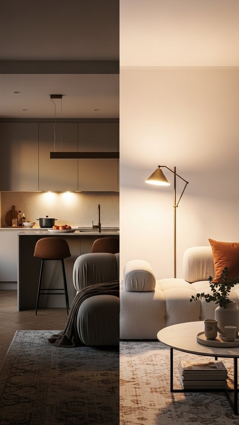Cozy open kitchen living room at dusk, strategic task lighting on counter, warm ambient floor lamp, modular sofa, dramatic shadows.