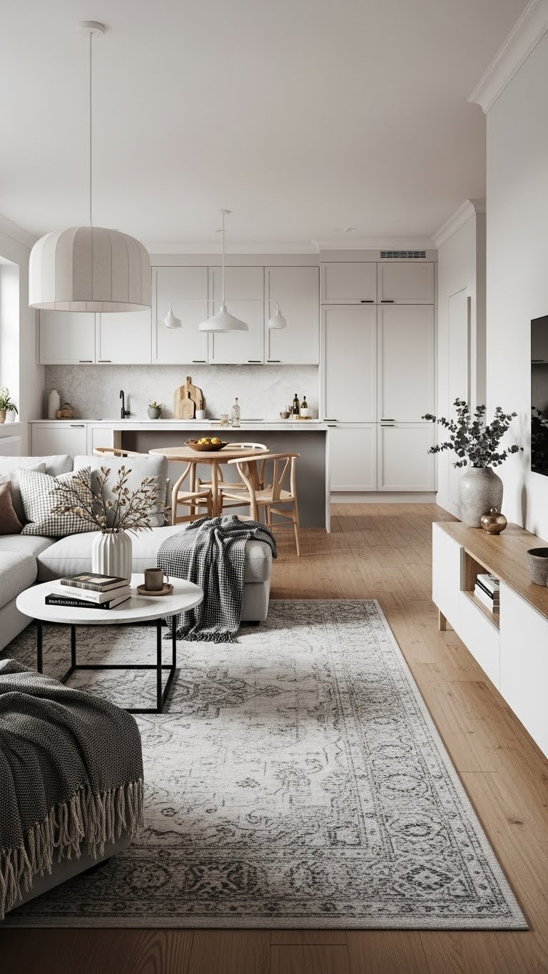 Cozy open-plan living room featuring L-shaped sectional sofa, modern media console, and dining area, defined by a large rug on hardwood.
