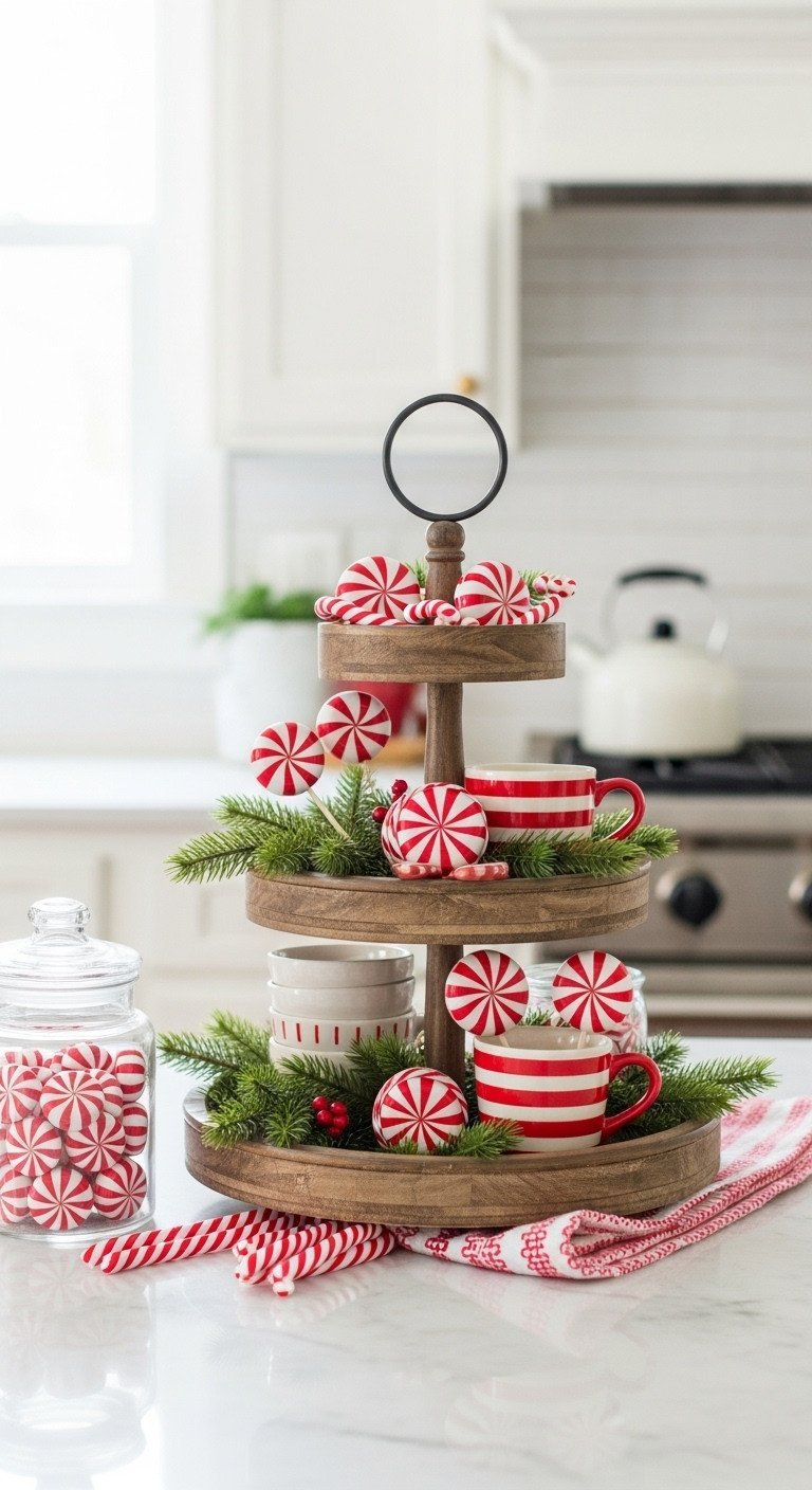 Cozy peppermint Christmas centerpiece: tiered wooden tray with candy canes, red striped mugs, and pine on a white marble kitchen counter.