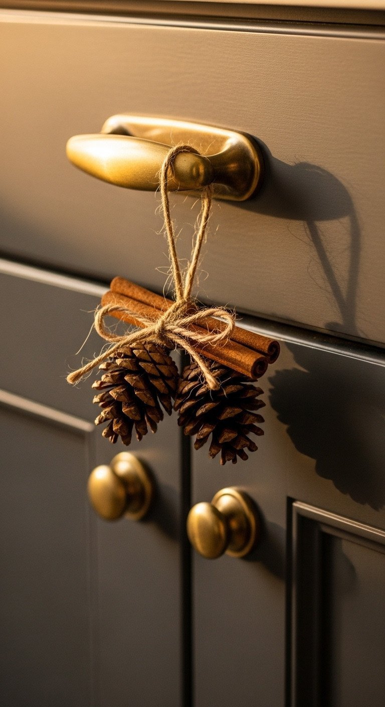 Cozy pine cones and cinnamon sticks tied with jute twine on a brass kitchen cabinet pull. Warm holiday decor.