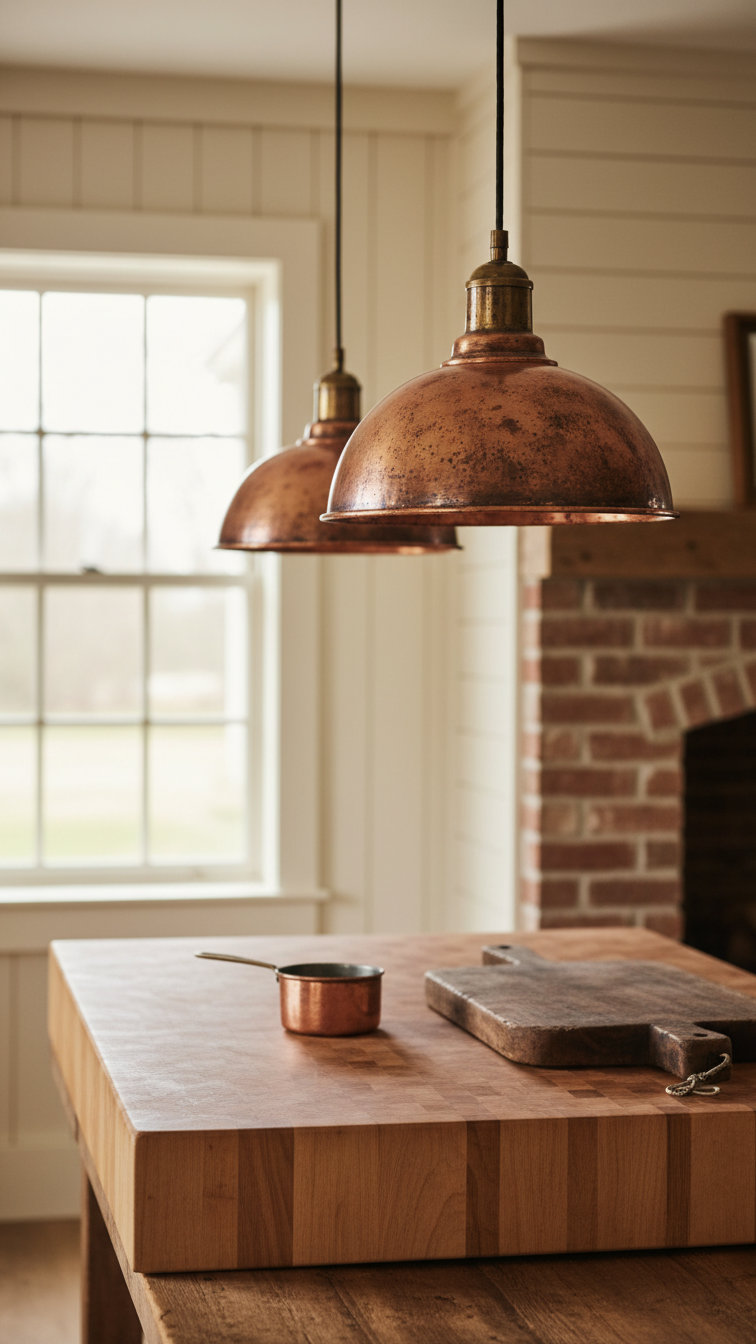 Cozy rustic farmhouse kitchen with distressed copper dome pendant lights over a butcher block countertop, warm golden light.