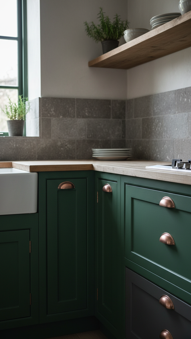 Moody Rustic Kitchen Design: The Ultimate Guide For Any Home 1 Cozy rustic kitchen features forest green and charcoal gray cabinetry, raw wood accents, copper hardware, and a stone backsplash.