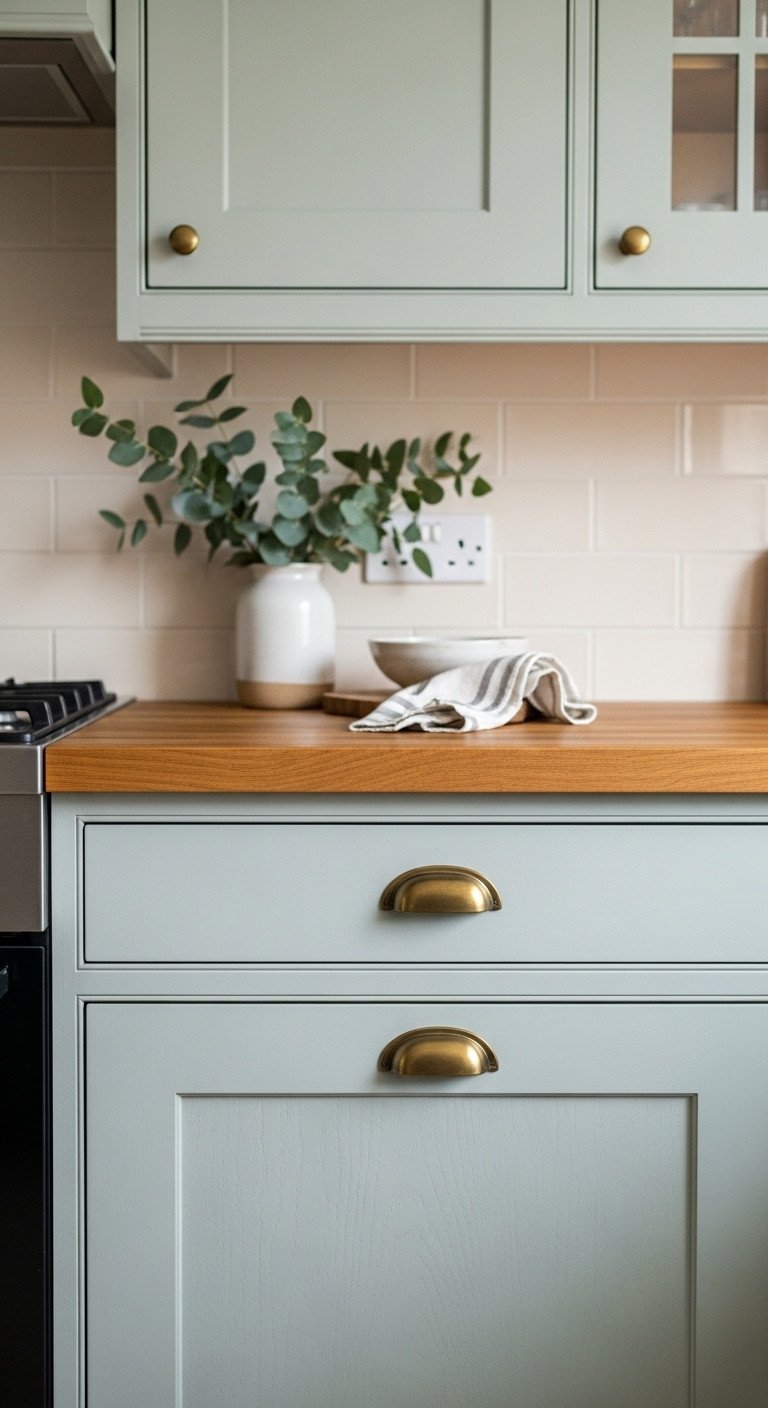Cozy rustic kitchen with sage green shaker cabinets, butcher block countertops, and aged brass pulls against a cream tile backsplash.
