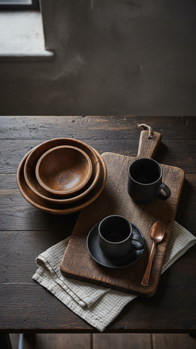 Cozy, timeless kitchen decor. Vintage wooden bowls, antique cutting boards, dark ceramic pottery on a dark counter.