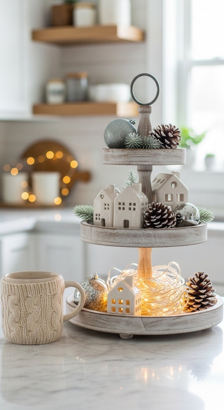 Cozy winter kitchen decor featuring a three-tiered serving tray with white ceramic houses, silver ornaments, and frosted pinecones on a marble counter.