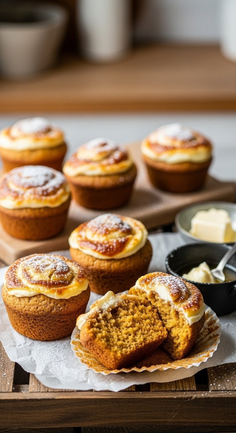 Cream Cheese Swirled Pumpkin Muffins, golden-brown with creamy filling, powdered sugar, in a wooden crate.