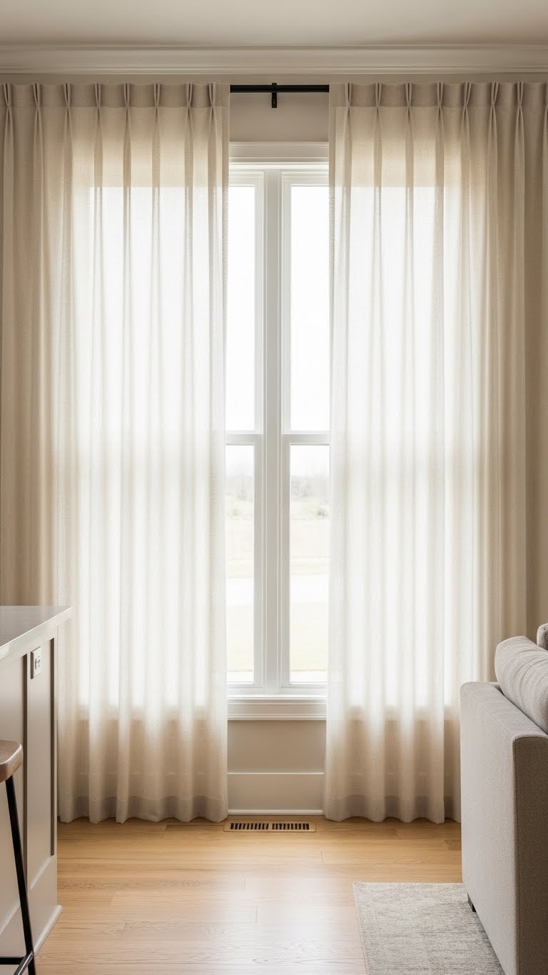 Cream sheer linen drapes on continuous rods seamlessly frame open kitchen and living room windows, creating a serene, naturally lit space with hardwood floors.