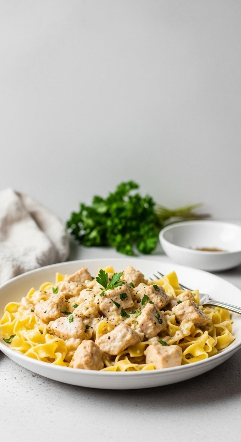 Creamy Chicken Tetrazzini: egg noodles, tender chicken, rich white sauce, parsley, pepper in white serving dish.